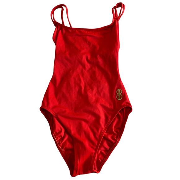 Vintage Bill Blass One Piece Red Swimsuit Women 6 Tank Solid Gold Logo High Cut - Picture 5 of 14